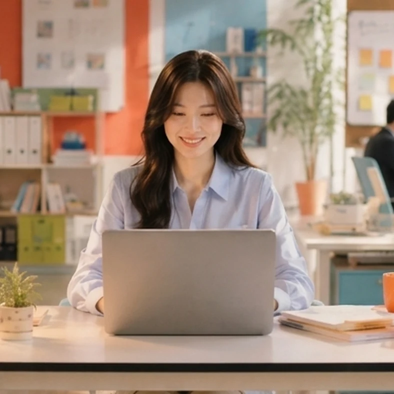 사무실에서 노트북을 보며 미소 짓는 직장인