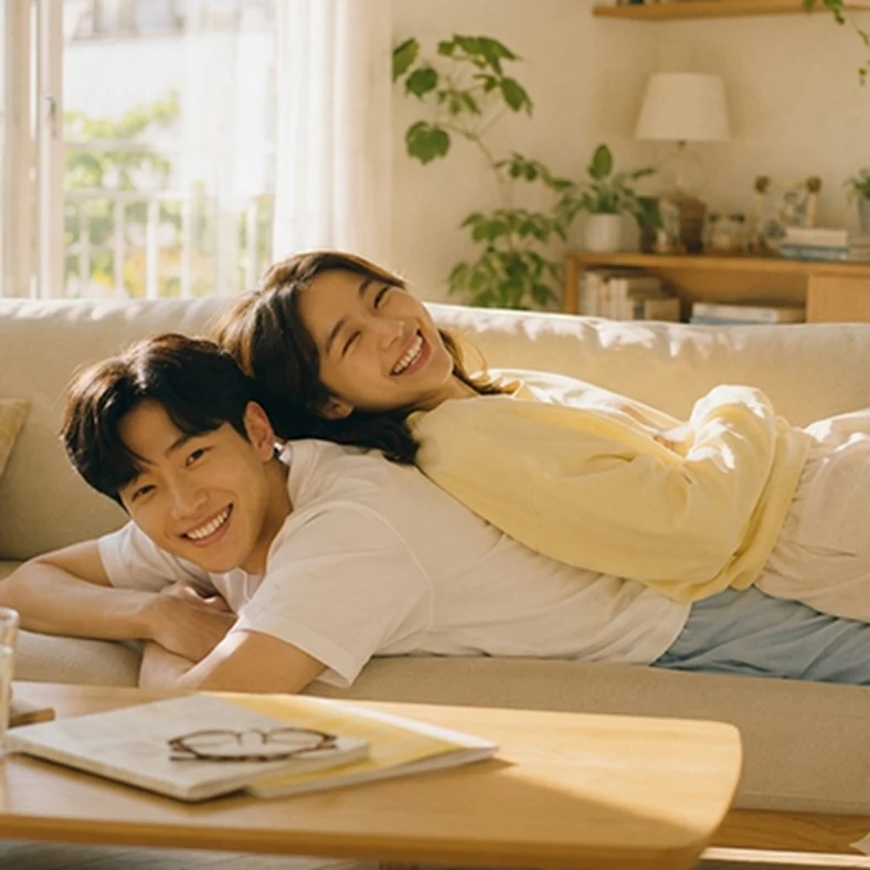 소파에서 어깨를 맞대고 웃는 커플