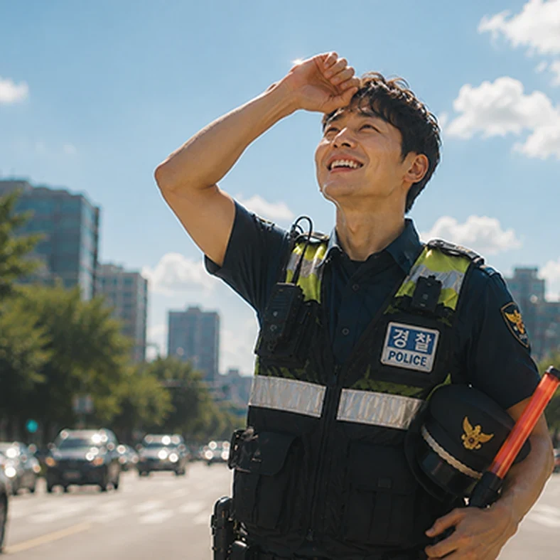 하늘을 올려다보며 웃는 경찰관