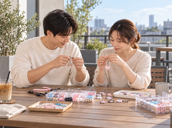 테라스 테이블에서 키링을 만드는 예비부부