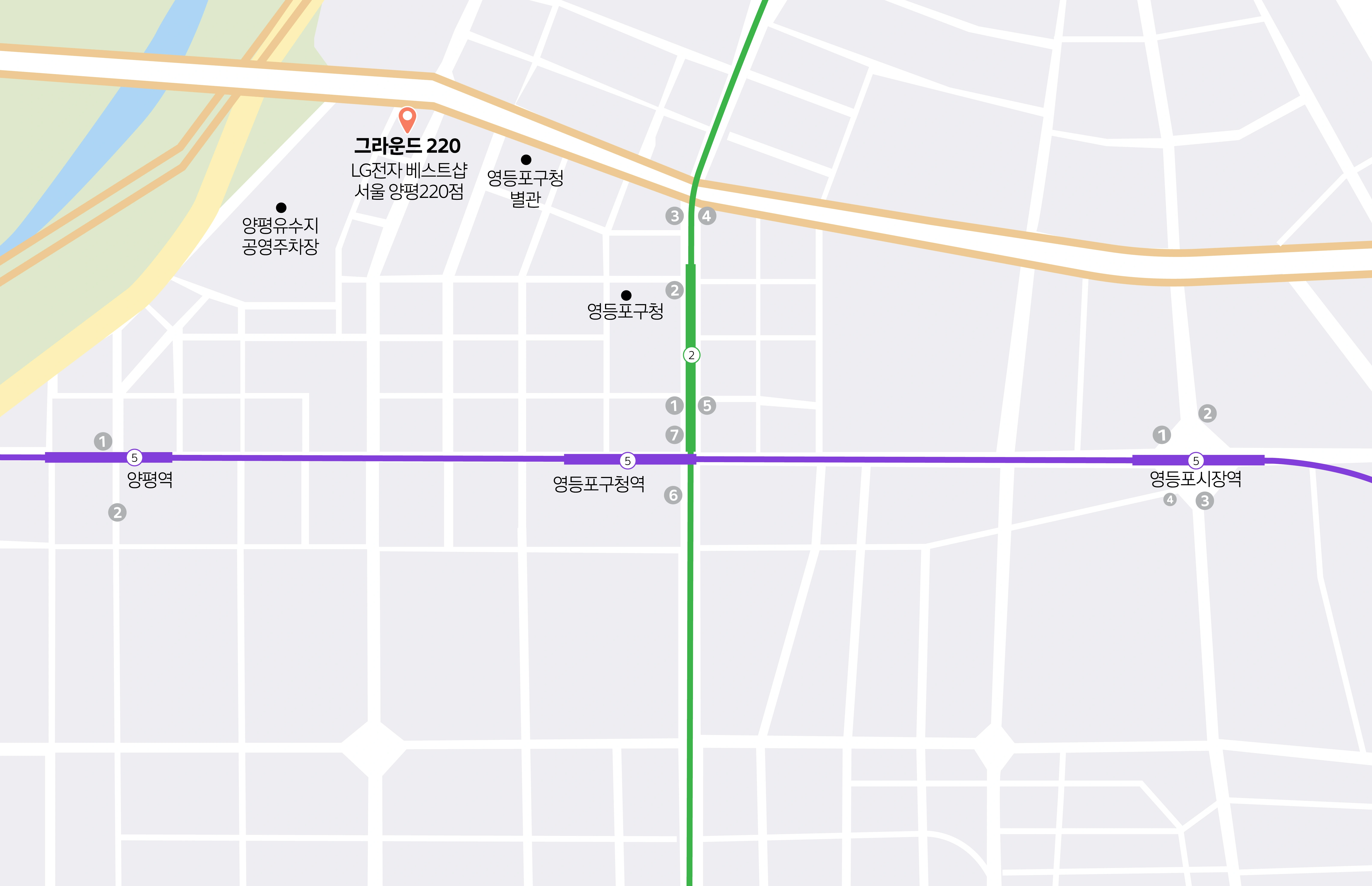 그라운드220 약도 — 서울시 영등포구 선유로 173, 지도에 「LG전자 베스트샵 서울양평 220점」으로 표시된 건물 2층. 5호선 양평역·2·5호선 영등포구청역 인근